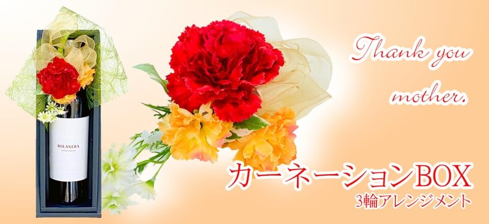 母の日　カーネーション付き　1本用ギフトBOX　3輪アレンジメント